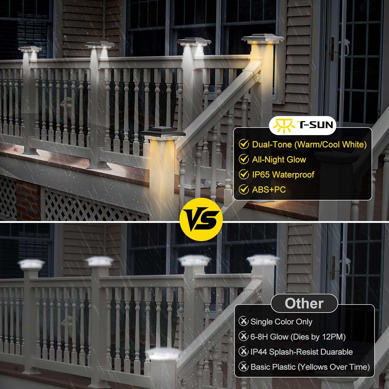 T-SUN 4x4 Solar Post Cap Lights, Fence Post Solar Lights Fit for 4x4 Vinyl Wooden Posts, IP65 Waterproof Outdoor Lighting for Stairs Step, Deck, Patio, Garden (6 Packs, Black, Warm/Cool White)